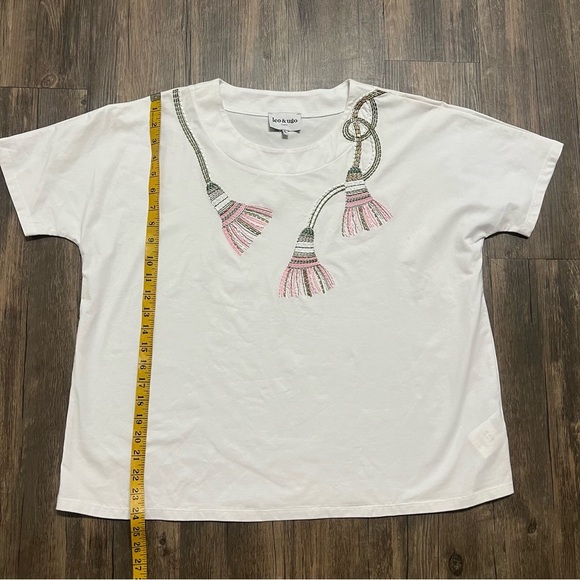 Leo & Ugo Paris White Pink Round Neck Embellished Women's Top Cap Sleeve Shirt L - Picture 10 of 11